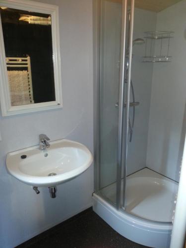 a bathroom with a sink and a shower at Koningsheim in Colijnsplaat