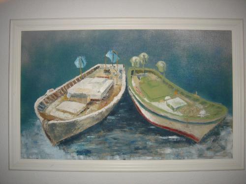 a painting of two boats in the water at Hostal ROM Familiar in Roses