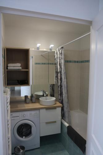 une salle de bain avec une machine à laver et un lavabo dans l'établissement Renoir Appartement, à Cagnes-sur-Mer