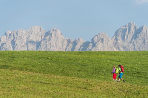 two people walking in a field with mountains in the background at Au Pension in Söll