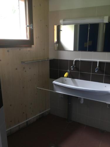 une salle de bain avec un lavabo et un miroir dans l'établissement Refuge des étangs de Bassiès, à Auzat