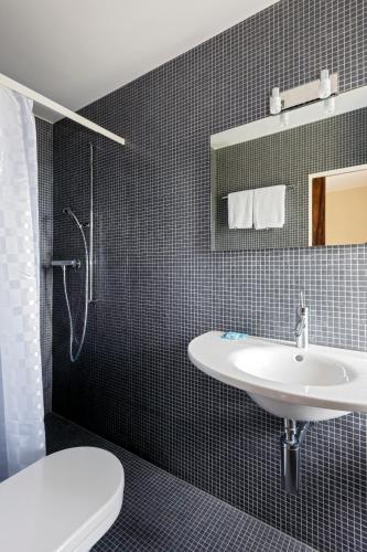 a bathroom with a sink and a shower and a toilet at Hôtel du Cheval-Blanc in Saint-Blaise