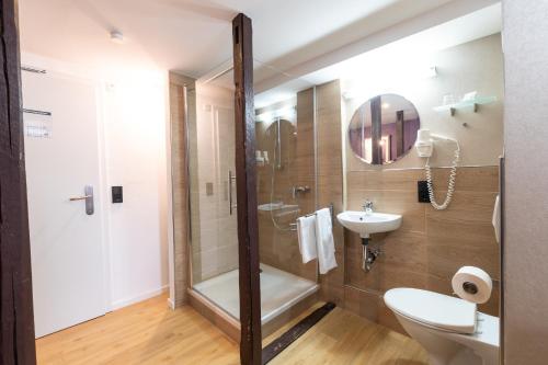 a bathroom with a shower and a toilet and a sink at Hotel Porta Nigra in Trier