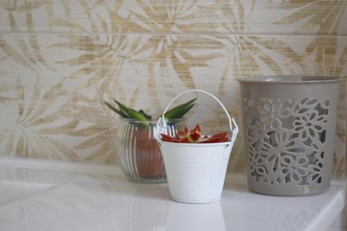 two vases and a flower pot on a shelf at B&B Santa Lucia, Rapolla in Rapolla