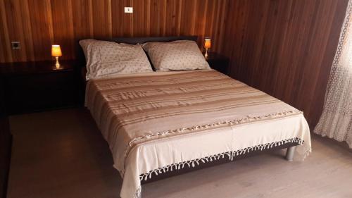 a bed in a room with two lamps and a bedvisor at Mica in Senj