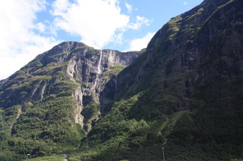 a view of a mountain with trees on it at Gudvangen Camping in Gudvangen
