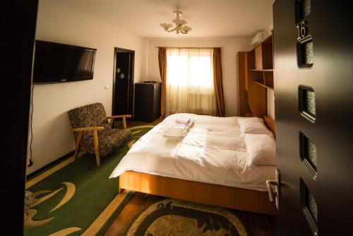 Habitación de hotel con cama y silla en Pensiunea Marcello, en Iaşi
