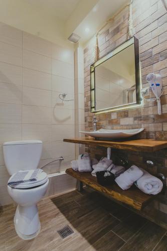 a bathroom with a toilet and a sink and a mirror at Hotel Papagalos in Neos Marmaras