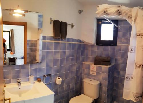La salle de bains est pourvue de carrelage bleu, de toilettes et d'un lavabo. dans l'établissement Apt, Gengina, centrico con parking, à Cadaqués
