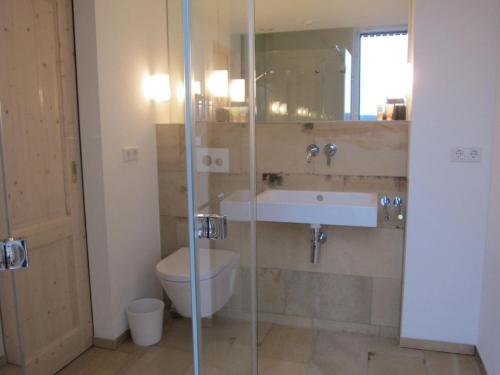 W łazience znajduje się umywalka, toaleta i lustro. w obiekcie Ferienwohnung Passivhaus "Schöne Aussicht" w mieście Georgensgmünd