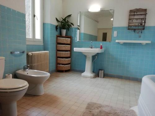 a blue bathroom with a toilet and a sink at La maison Bleue in Céreste