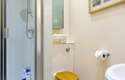 a bathroom with a shower with a toilet and a sink at Dale Street Apartments Suite in Leamington Spa