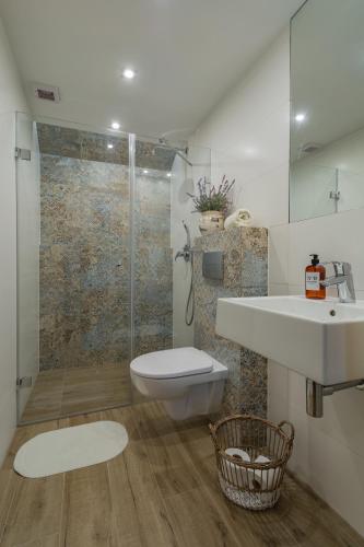 a bathroom with a shower and a toilet and a sink at Domek Szałas pod Dębem in Ząb