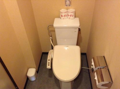 a bathroom with a toilet with two rolls of toilet paper on it at Hakuba Alpine Hotel in Hakuba