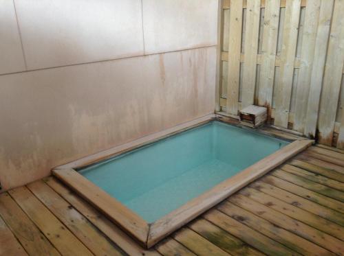 a pool of water sitting on a wooden floor at Hakuba Alpine Hotel in Hakuba