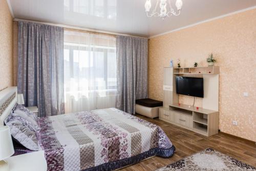 a hotel room with a bed and a television at Apartment on Kharkovskaya 66 in Tyumen