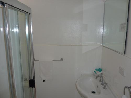 a white bathroom with a shower and a sink at Caravilla Motor Inn in Taree