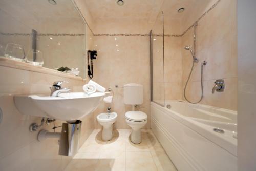 La salle de bains est pourvue d'un lavabo, de toilettes et d'une douche. dans l'établissement Nyala Suite Hotel, à Sanremo