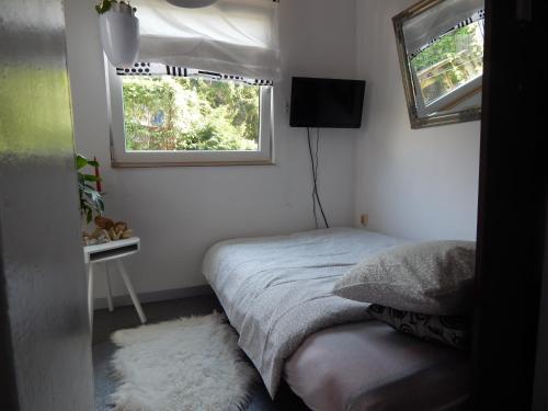 ソポトにあるFajne Lokumの小さなベッドルーム(ベッド1台、窓付)