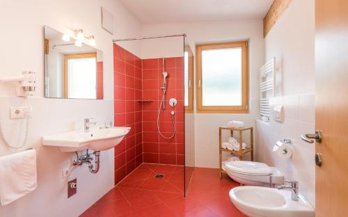 a bathroom with a shower and a sink and a toilet at Bachmannhof in Feldthurns