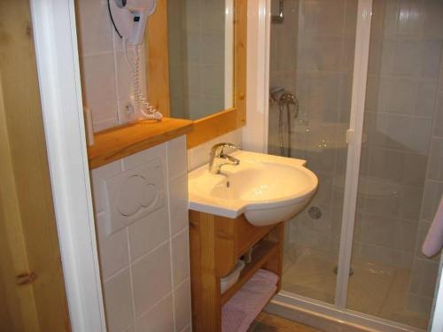 La salle de bains est pourvue d'un lavabo et d'une douche. dans l'établissement Studio Danay, au Grand-Bornand