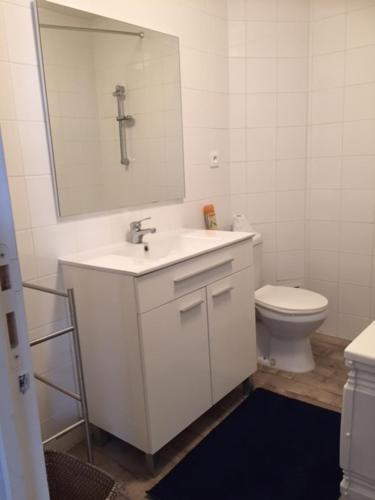 biała łazienka z umywalką i toaletą w obiekcie residence brainoise 2 w mieście Braine