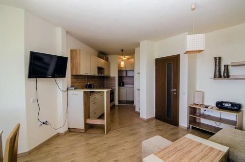 een klein appartement met een keuken en een woonkamer bij Apartment Balchik in Balchik