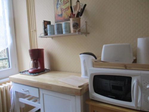 une cuisine avec un comptoir, un four micro-ondes et des appareils électroménagers dans l'établissement 'Mont-Dore-Toir' paisible, à Le Mont-Dore