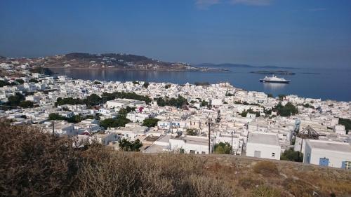a large body of water with houses and boats at Galini Hotel in Mikonos