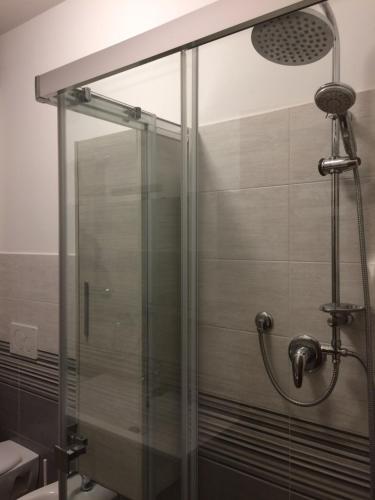 y baño con ducha y puerta de cristal. en Affittacamere LA PISANA en Porto SantʼElpidio