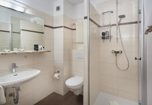 ein Bad mit einer Dusche, einem WC und einem Waschbecken in der Unterkunft Hotel Restaurant Lindenhof in Bräunlingen