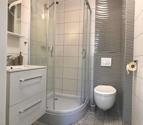 a bathroom with a shower and a toilet and a sink at Mikolajek Nadmorski in Dębki