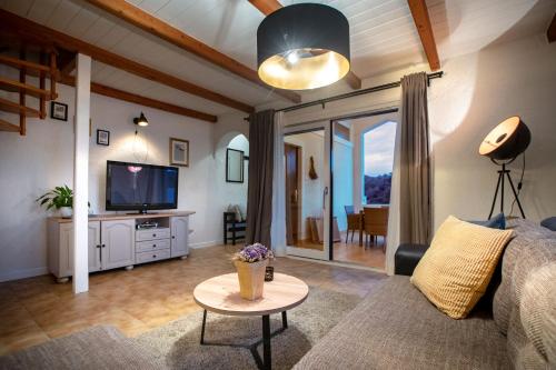 Una sala de estar con un sofá y un televisor. en Beach Suite Nina, en Rab