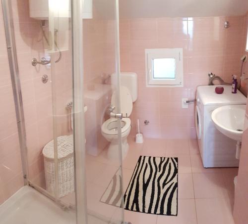 ein Bad mit einer Dusche, einem WC und einem Waschbecken in der Unterkunft Apartman Vojaline in Milna