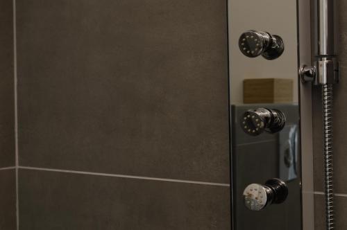 a shower with a glass door with a shower coil at A 48 passi dalle 5 Terre in Riccò del Golfo di Spezia