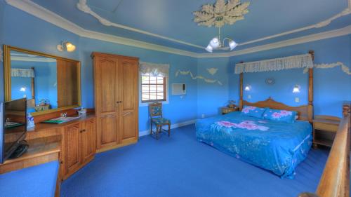 a bedroom with blue walls and a bed and a sink at Hatchers Richmond Manor in Richmond