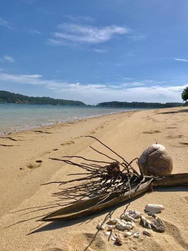 a kite laying on a beach next to the water at Yak Bungalow in Ko Chang