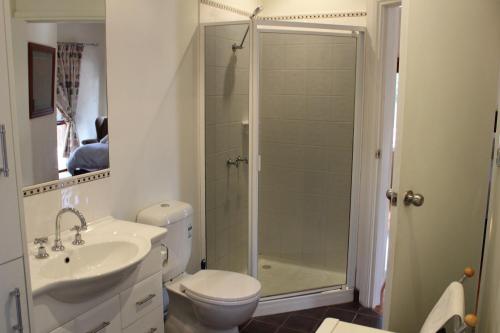 a bathroom with a shower and a toilet and a sink at Australian Home Away @ Wonga Park Brushy Creek in Wonga Park
