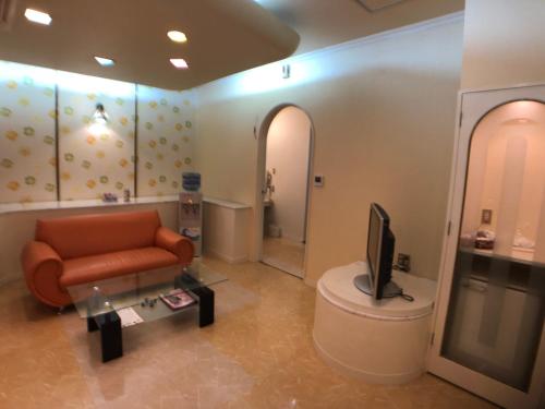 a living room with a couch and a tv at Hotel Xenia Takinoyashiro in Kato