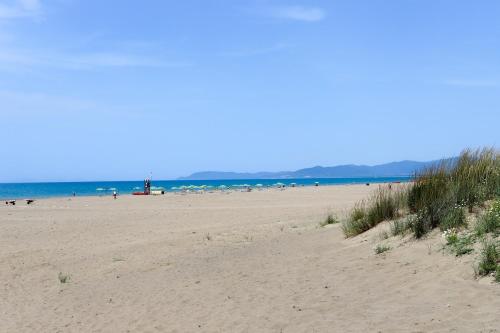 a sandy beach with people in the water at Hotel Grifone in Principina a Mare
