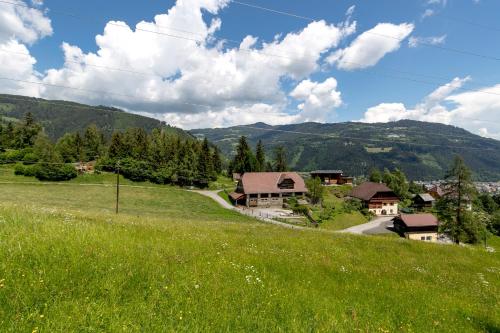a green hillside with houses and a road at Gästehaus Biobauernhof Mandl in Murau
