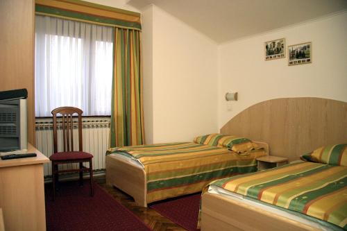 a hotel room with two beds and a television at Guest House Prepelica in Prelog