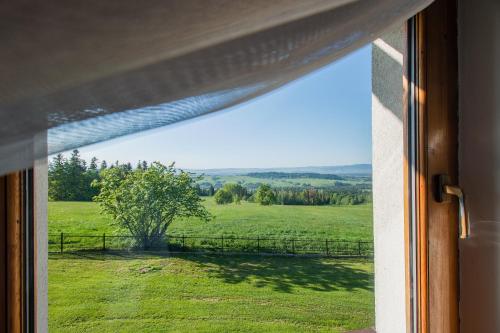 a window with a view of a green field at Pokoje Gościnne Góraleczka in Szaflary