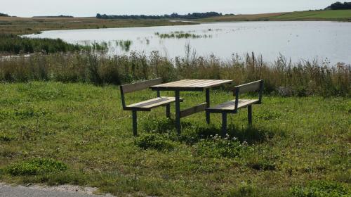 a picnic table and two benches in front of a lake at Hyggeligt byhus ved glasværkstedet på Nordmors in Sejerslev