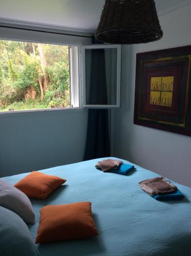 a bedroom with a bed with two pillows and a window at belle la vie in La Plaine des Cafres