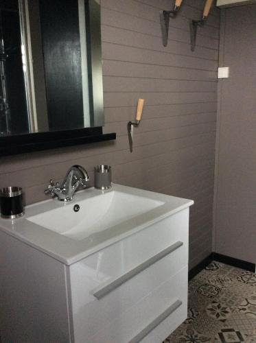 a bathroom with a white sink and a mirror at belle la vie in La Plaine des Cafres