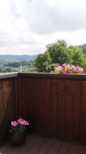 a balcony with pink flowers on a wooden fence at Apartamenty Villa Akant in Piechowice