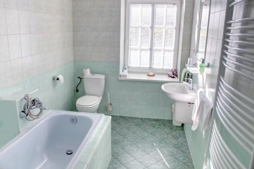 a bathroom with a tub and a toilet and a sink at Penzion Tillerova vila in Lázně Bohdaneč