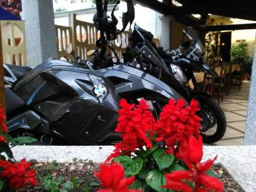 a black motorcycle parked next to some red flowers at Hotel San Francisco in Cala Gonone
