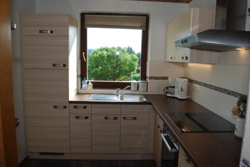 a kitchen with a sink and a window at Ferienhaus Pernull in Hermagor